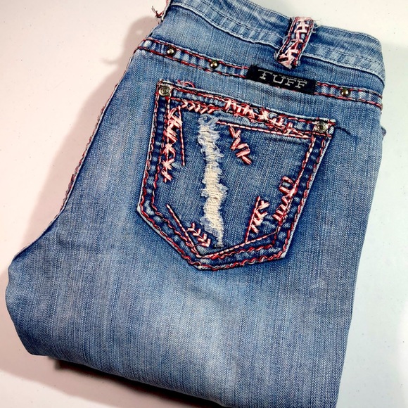 VINTAGE COWGIRL TUFF PREMIUM BOOTCUT JEANS 29x33 RED WHITE & BLUE STITCHING π